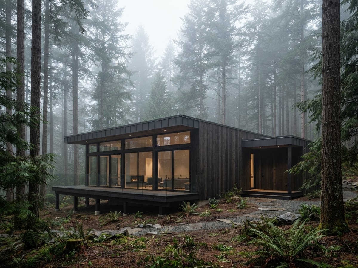 Maison Cèdre, a dark timber cabin in the cedar forest