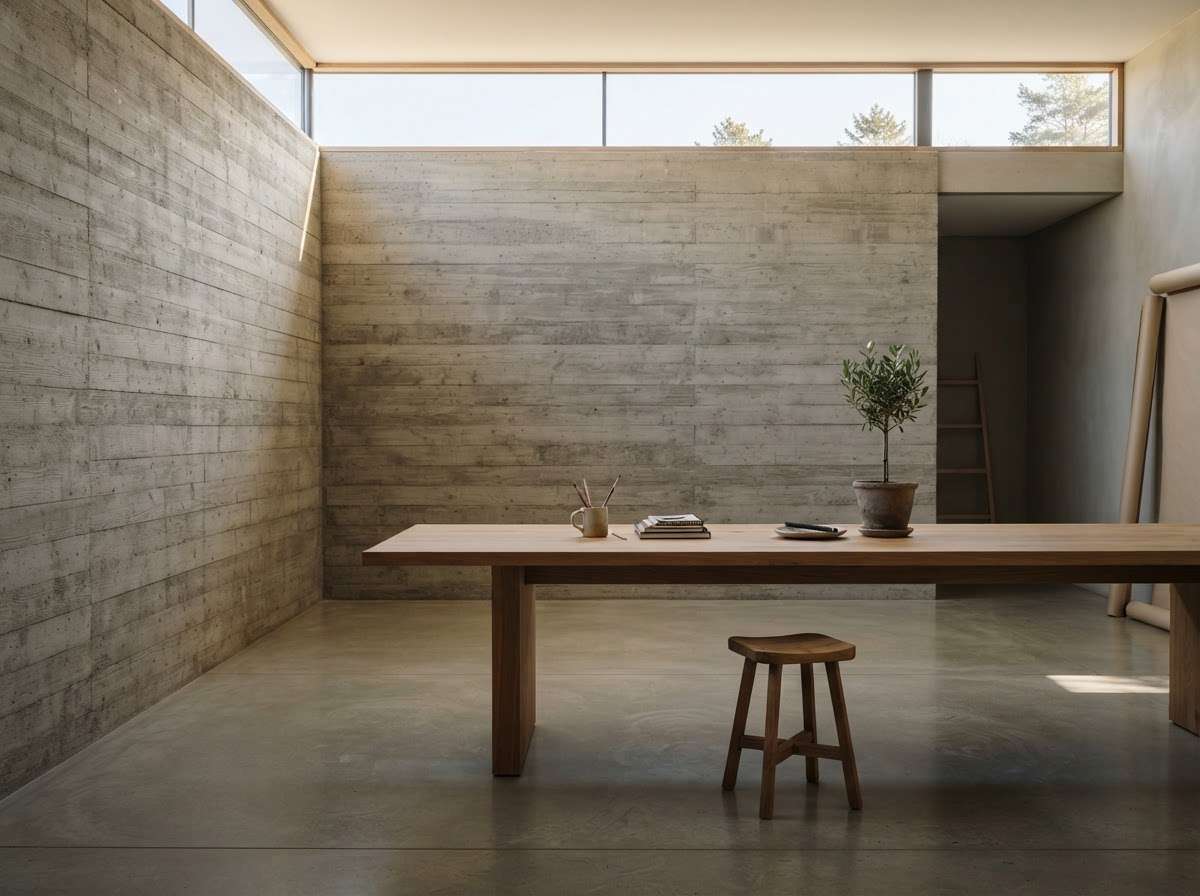 Atelier Nord interior with a long wooden worktable and clerestory daylight