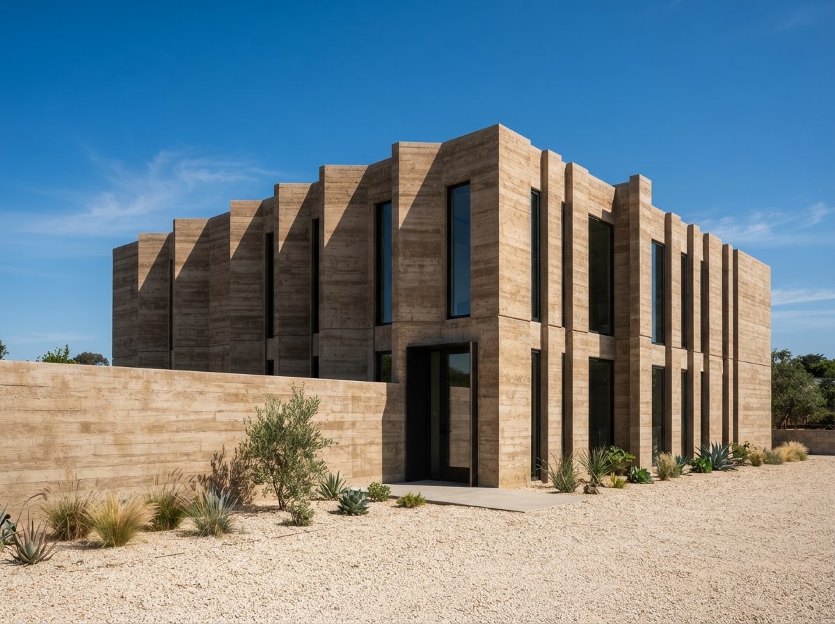Atelier Nord studio facade of board-formed concrete with vertical window slots