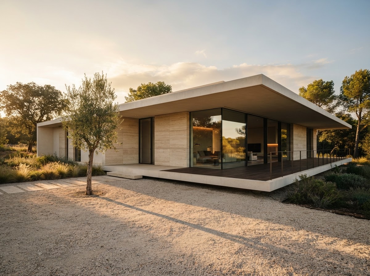 Villa Ifrah travertine facade with a deep flat cantilevered roof