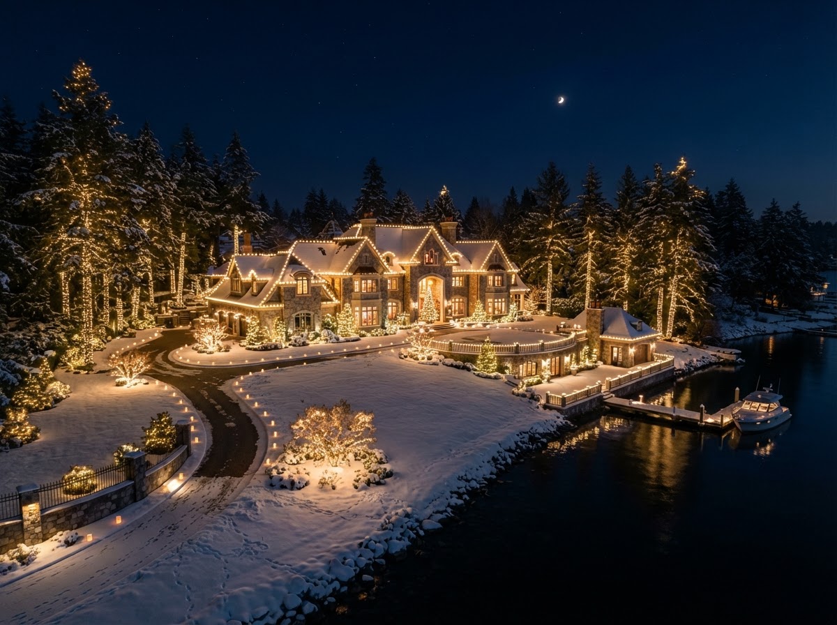 Northern Michigan estate with professional holiday lighting at night