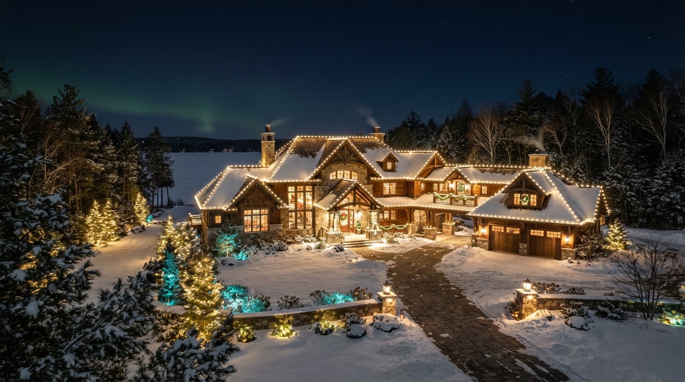 Large luxury Northern Michigan estate at night with professional warm-white holiday roofline lighting and wrapped pine trees