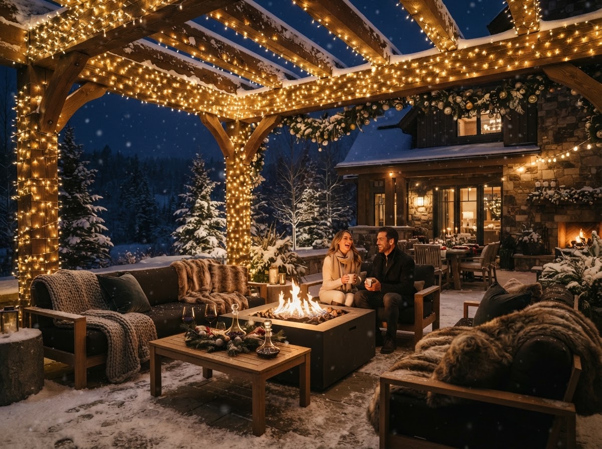 Outdoor living space patio with professional holiday lighting