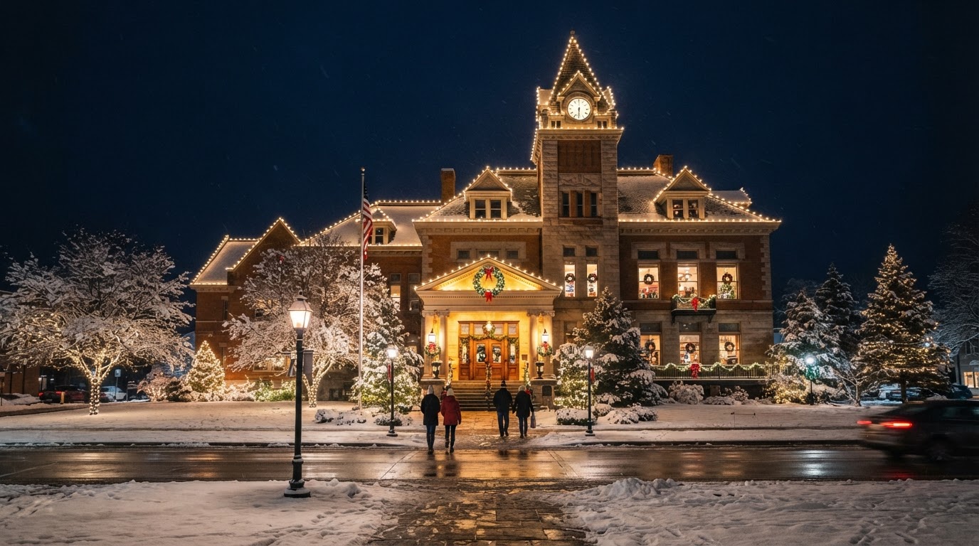 Commercial building at night with professional holiday lighting