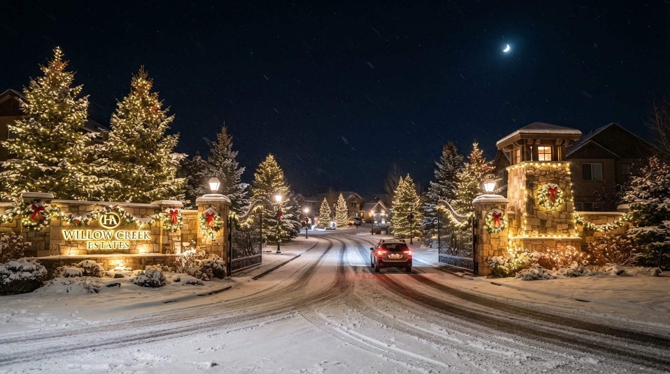Grand commercial HOA community entrance with professional holiday lighting at night