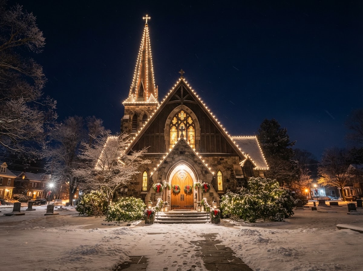 Church with professional holiday lighting on steeple and roofline