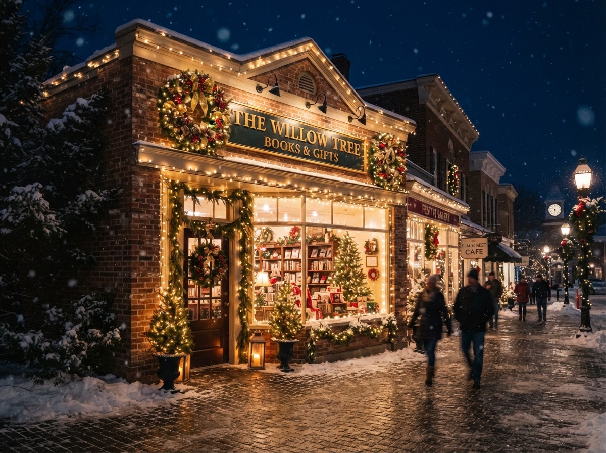 Storefront with holiday wreaths and professional lighting accents
