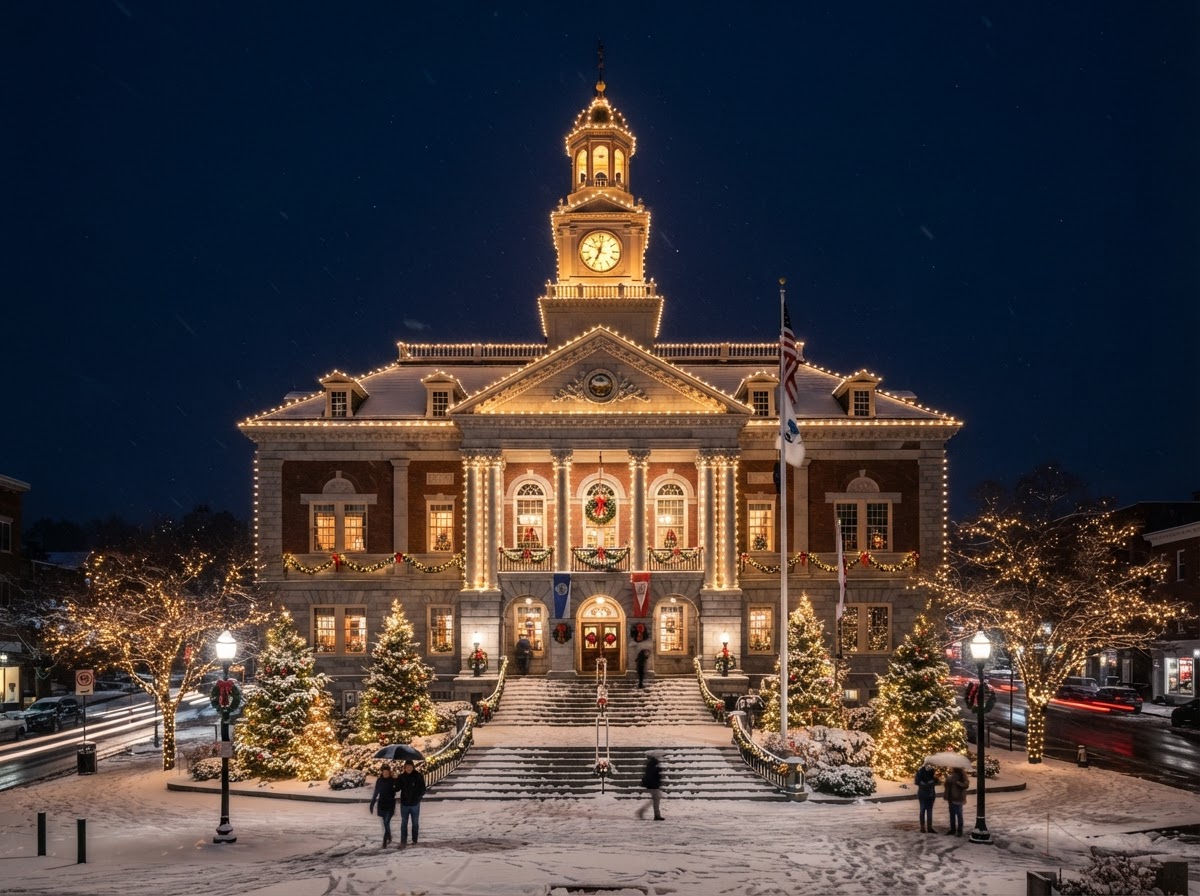 Municipal town hall with professional holiday lighting