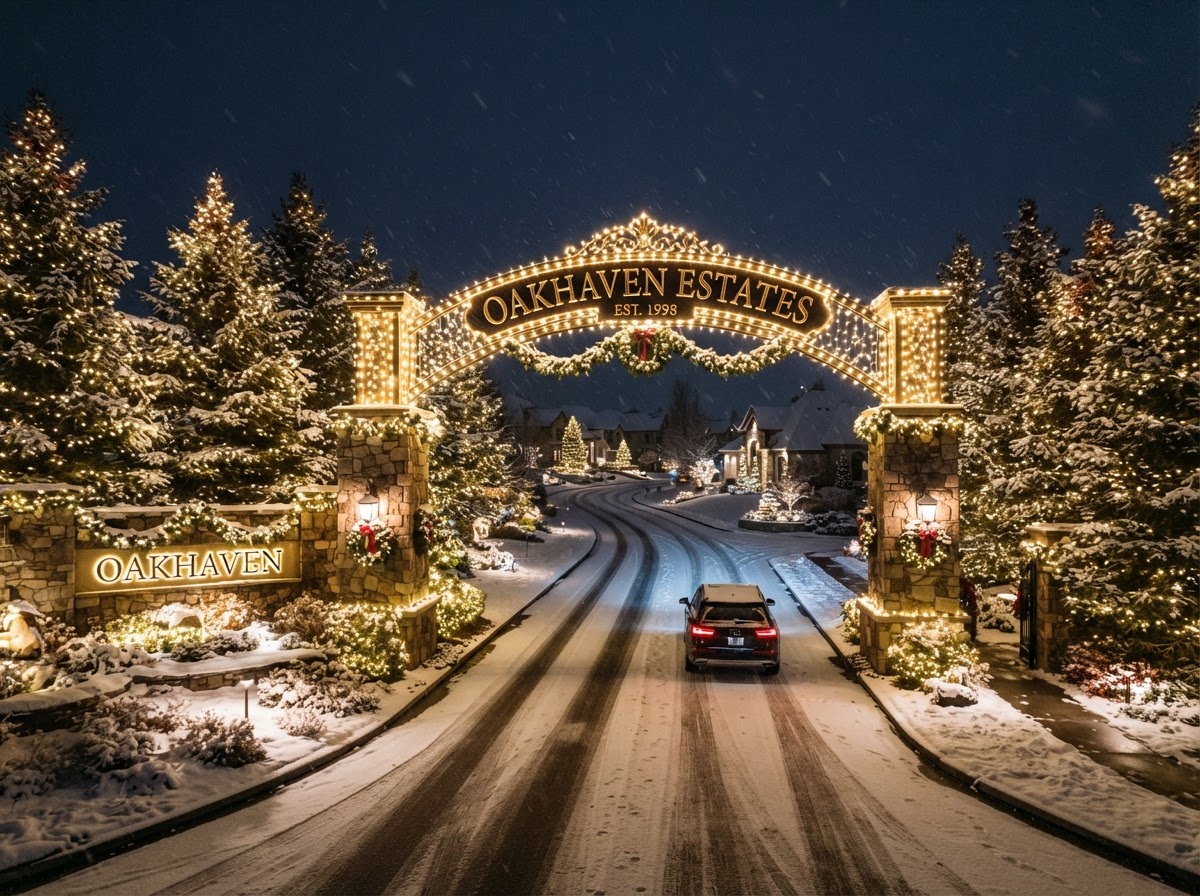 HOA community entrance with professional holiday lighting on pillars and pines