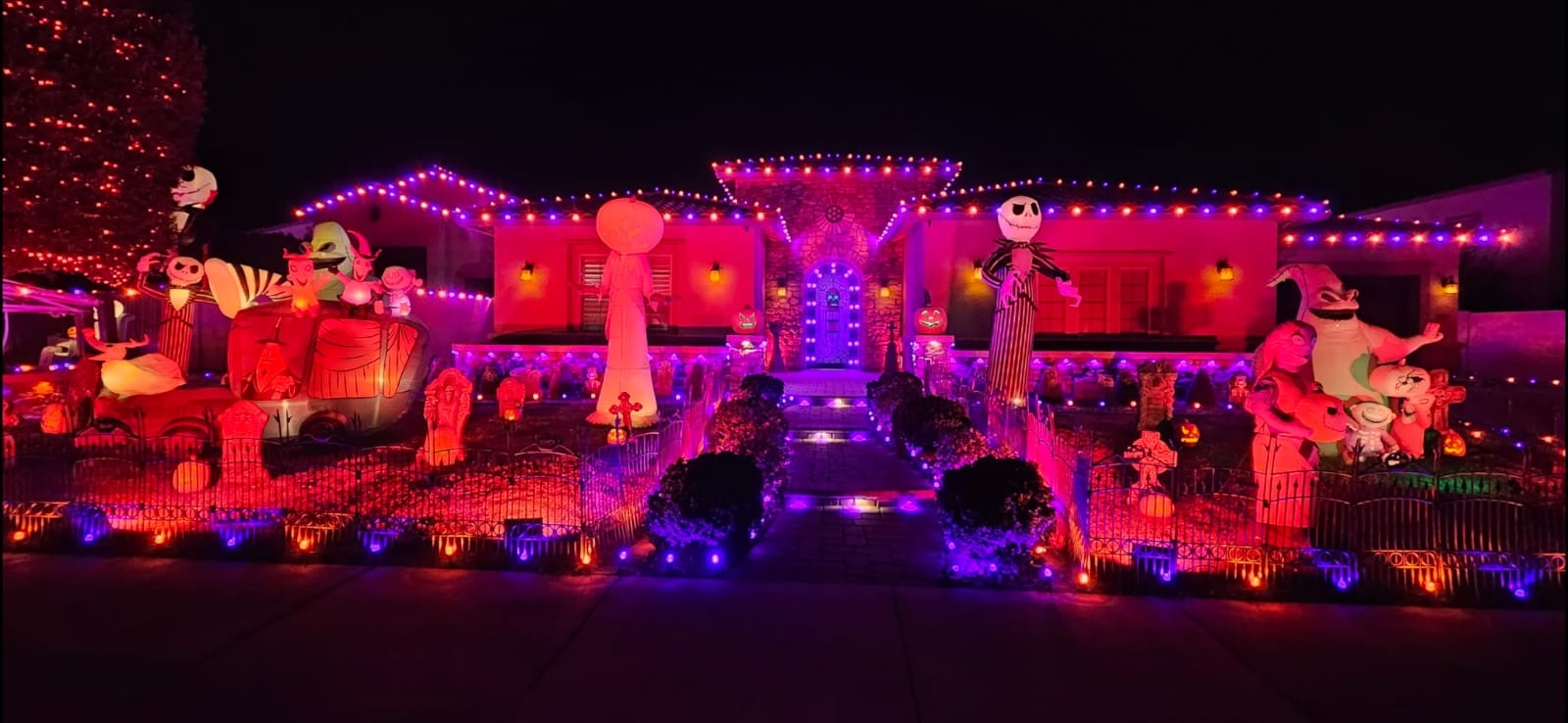 Custom themed holiday display with vivid purple and orange lighting, illuminated walkway, and full seasonal decor