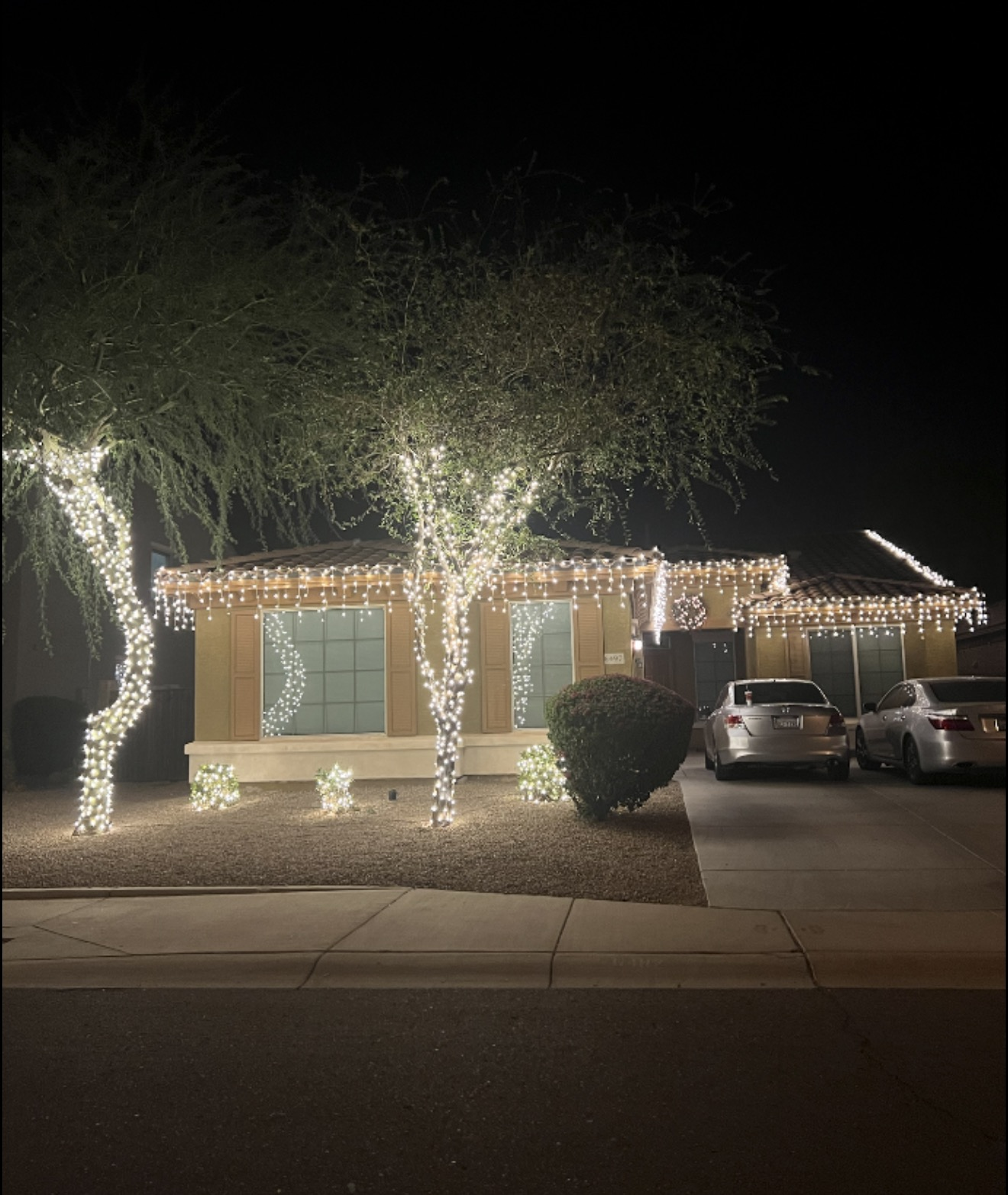 Professional icicle roofline holiday lighting and wrapped trees on a residential home
