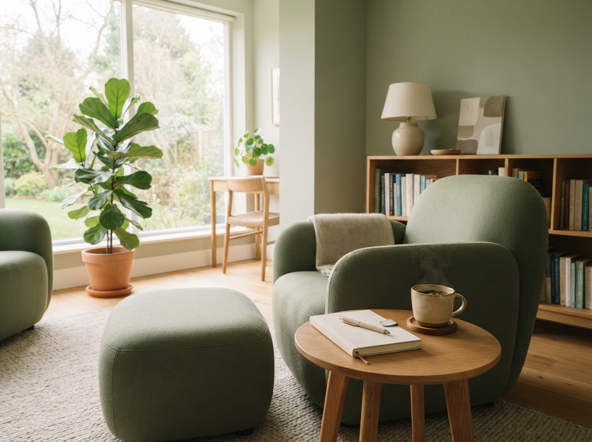 A warm, calming psychiatric consultation room with soft natural light