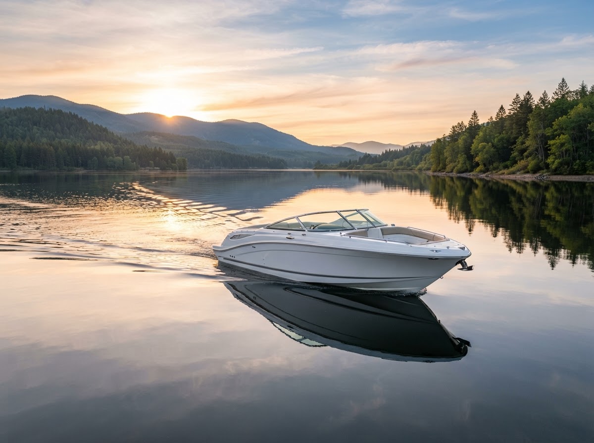 A sleek white speedboat on a calm lake at sunrise