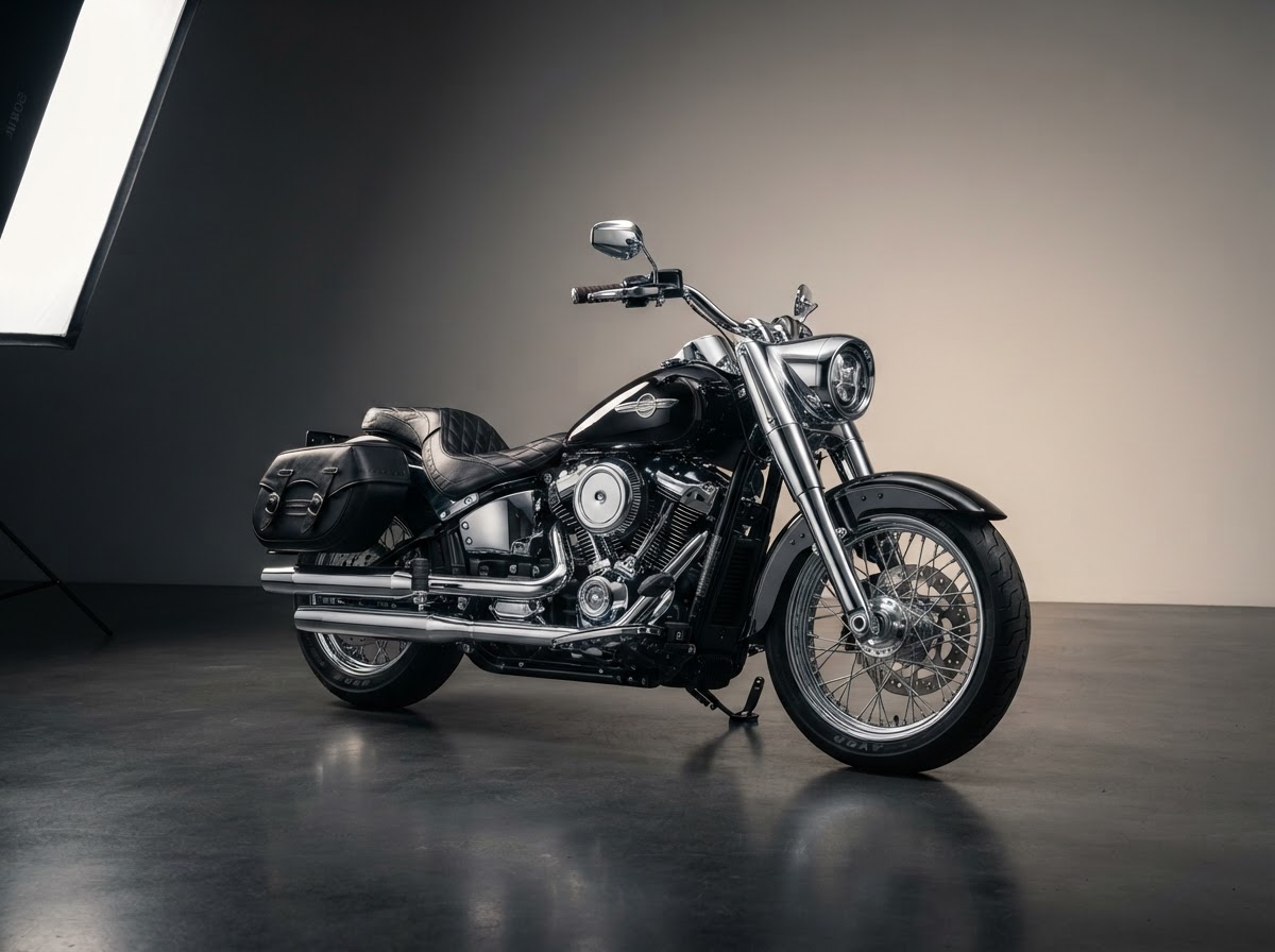 A polished chrome cruiser motorcycle in a modern studio