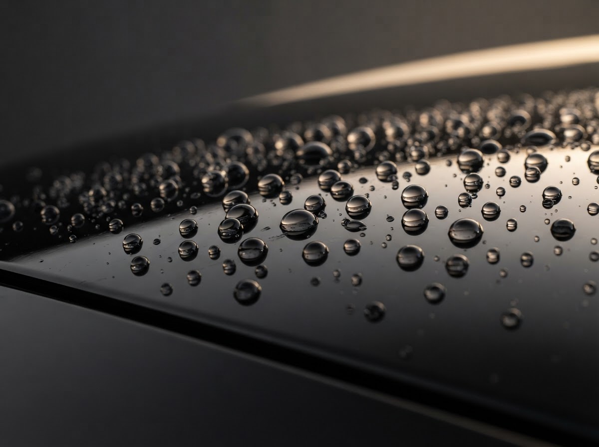 Water beading on a glossy ceramic-coated car panel