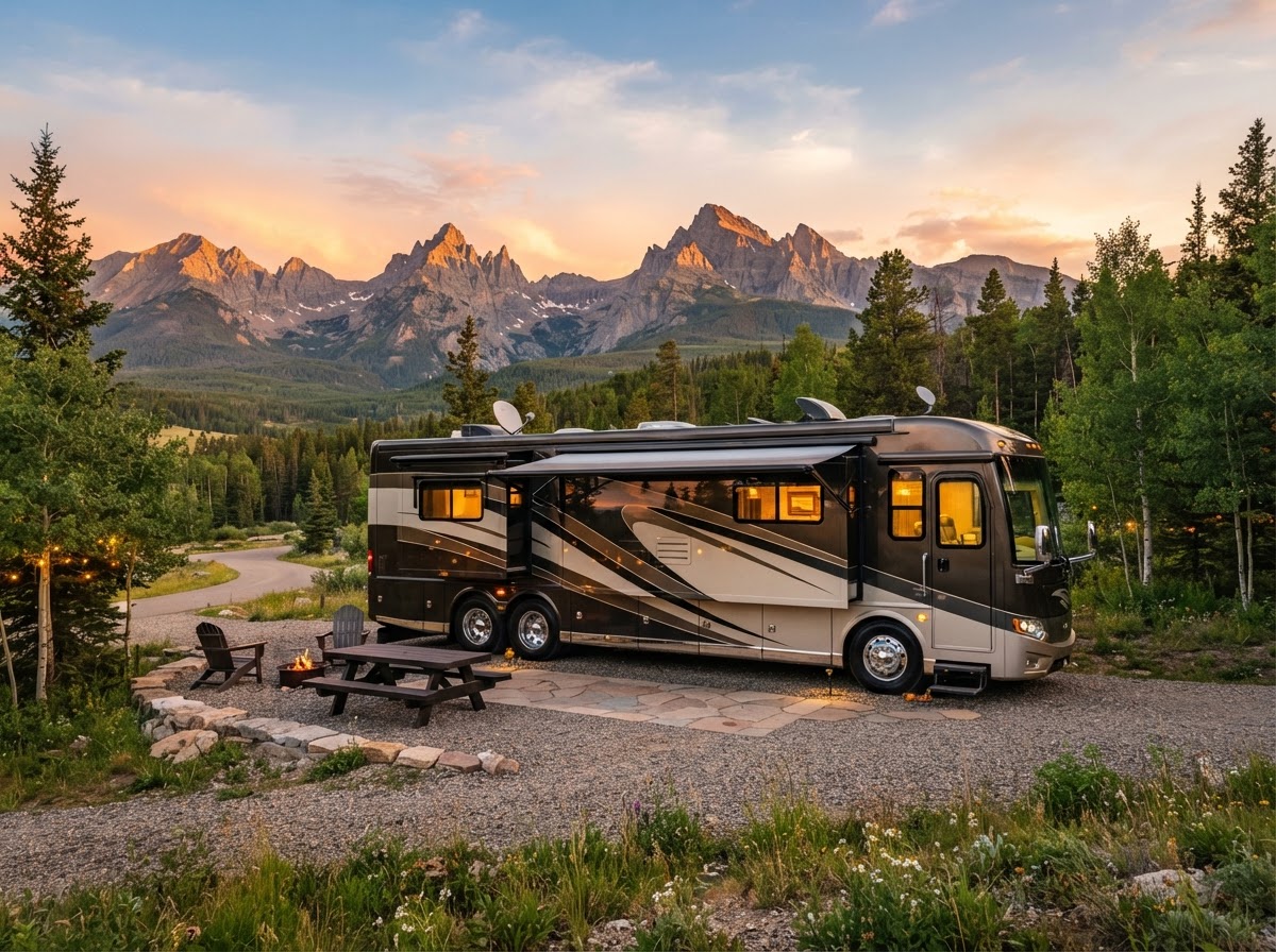 A luxury Class A motorhome parked at a scenic campground