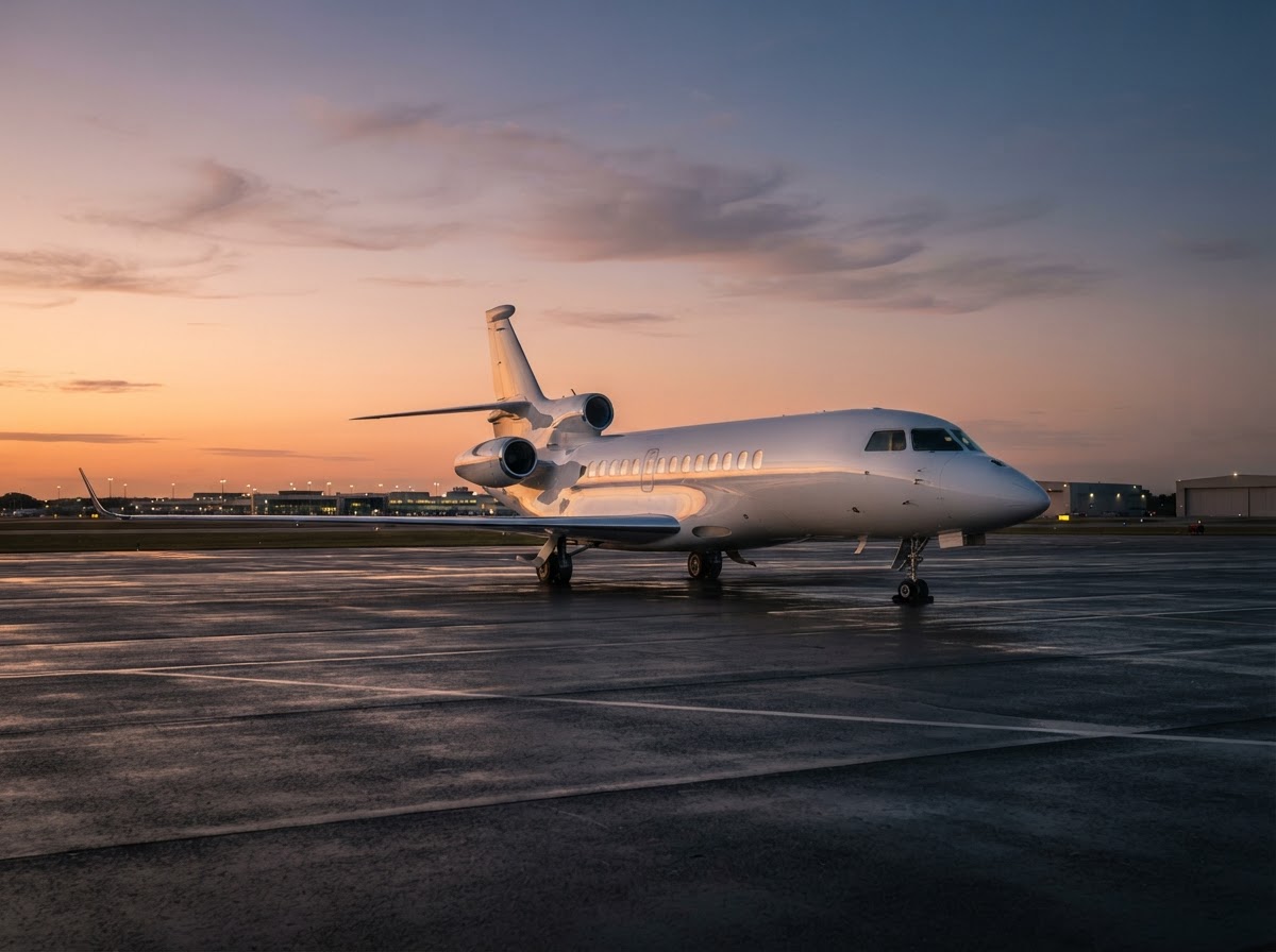 A clean private jet on a tarmac at dusk
