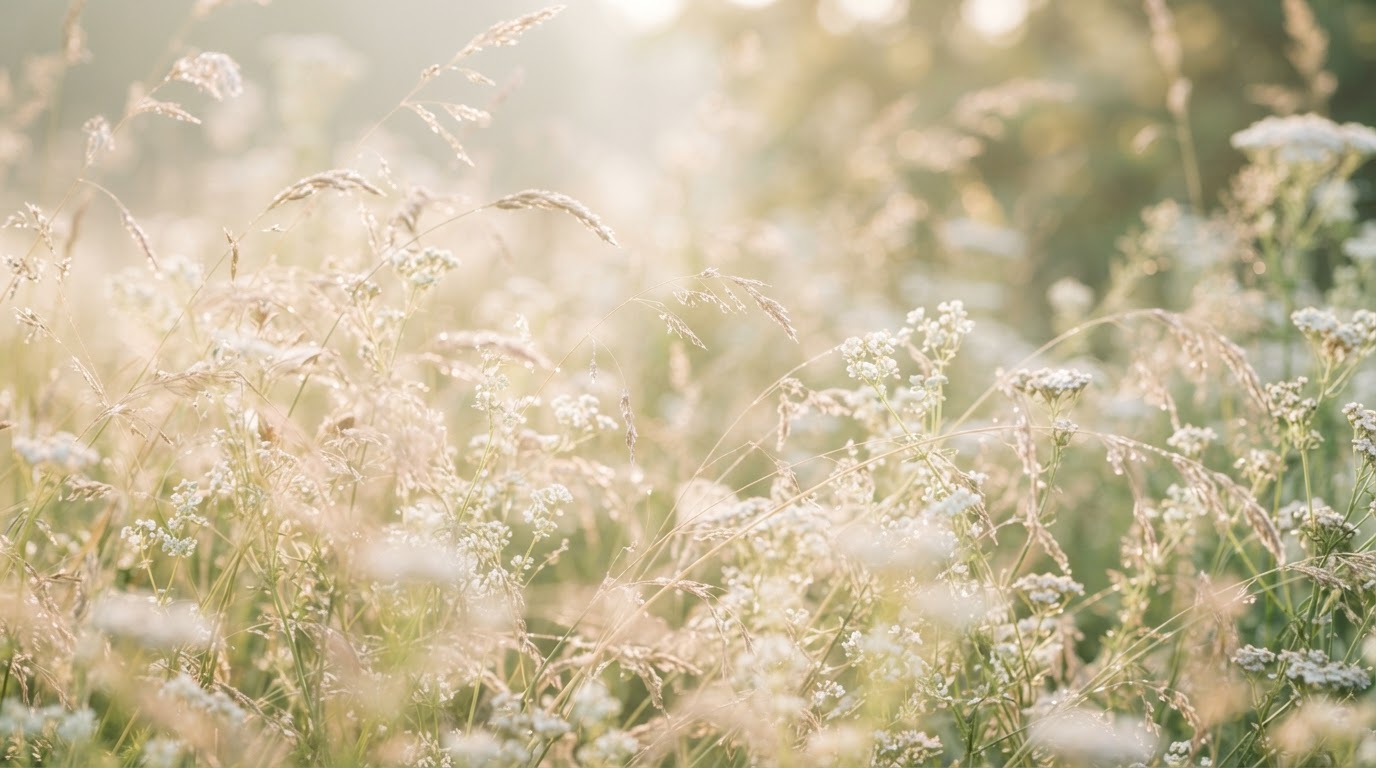 Zarte Gräser und weiße Wiesenblüten im weichen Gegenlicht