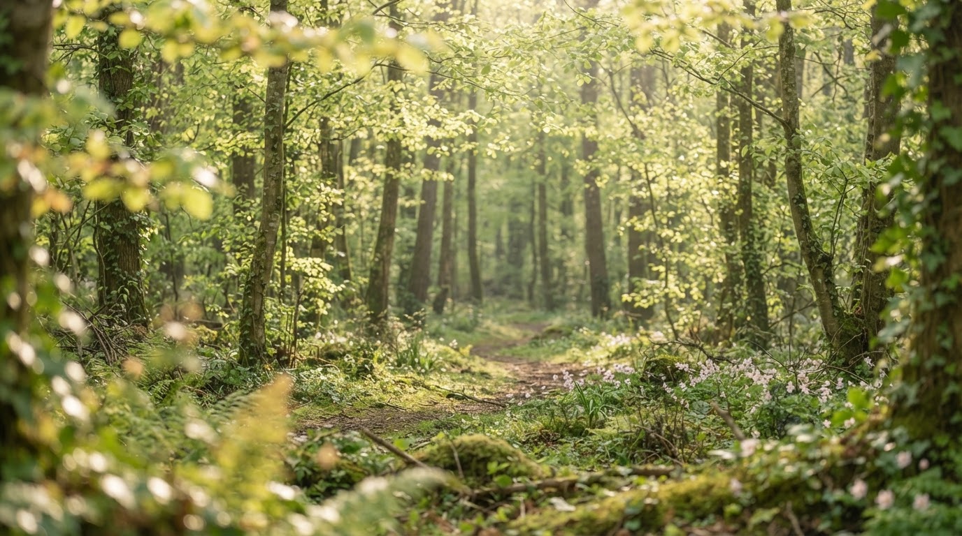 Morgenlicht fällt durch zarte hellgrüne Efeu- und Buchenblätter in einem lichten Wald, weiche Lichtflecken und einzelne zartrosa Blüten