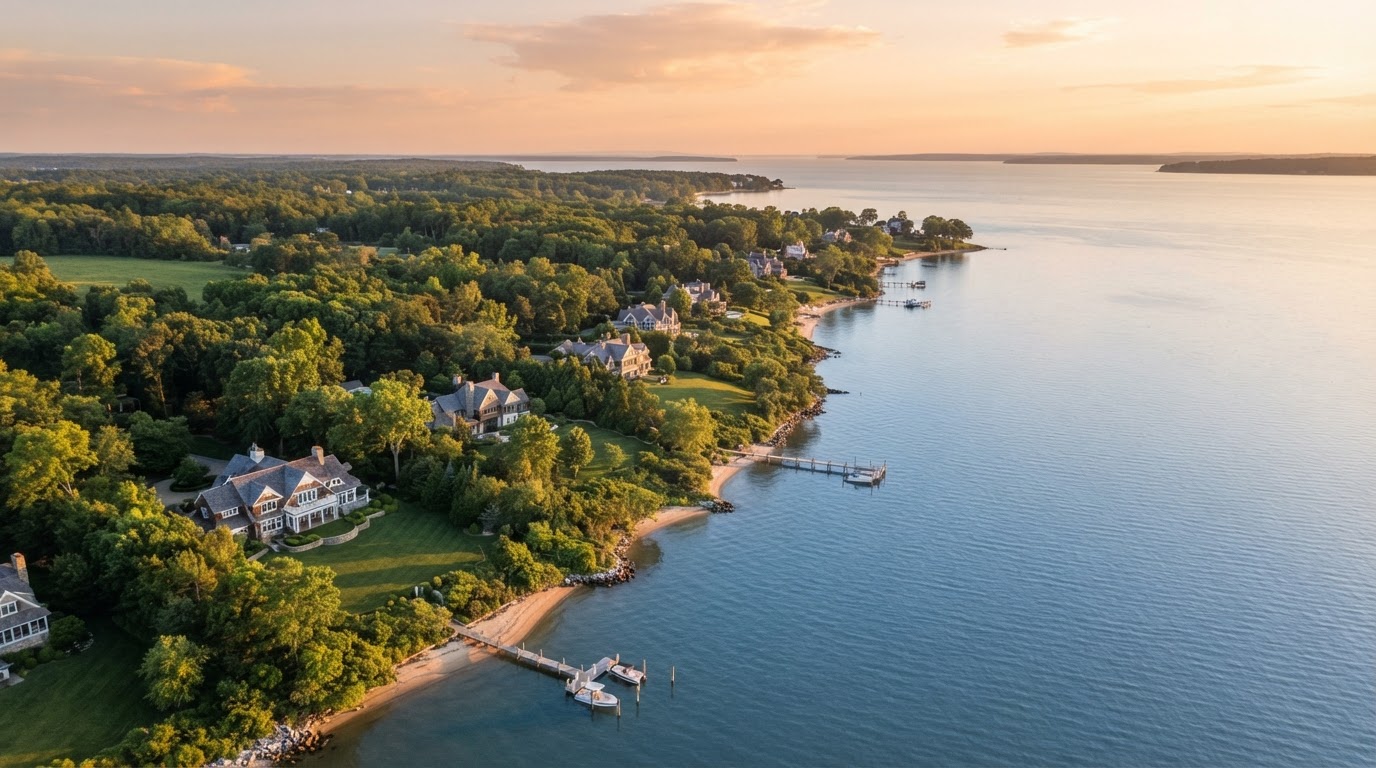 Chesapeake Bay waterfront properties at golden hour
