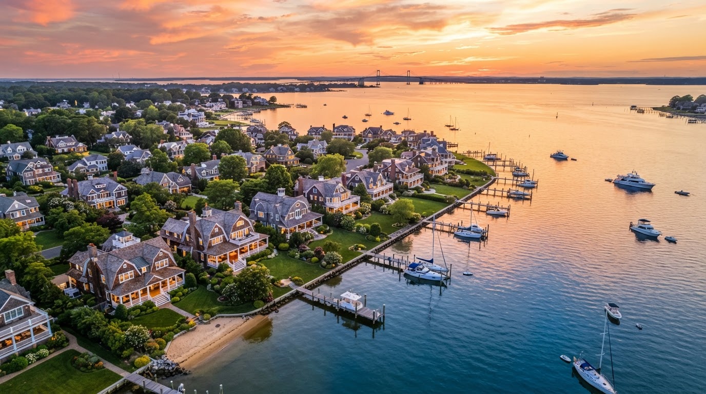 Chesapeake Bay shoreline at golden hour