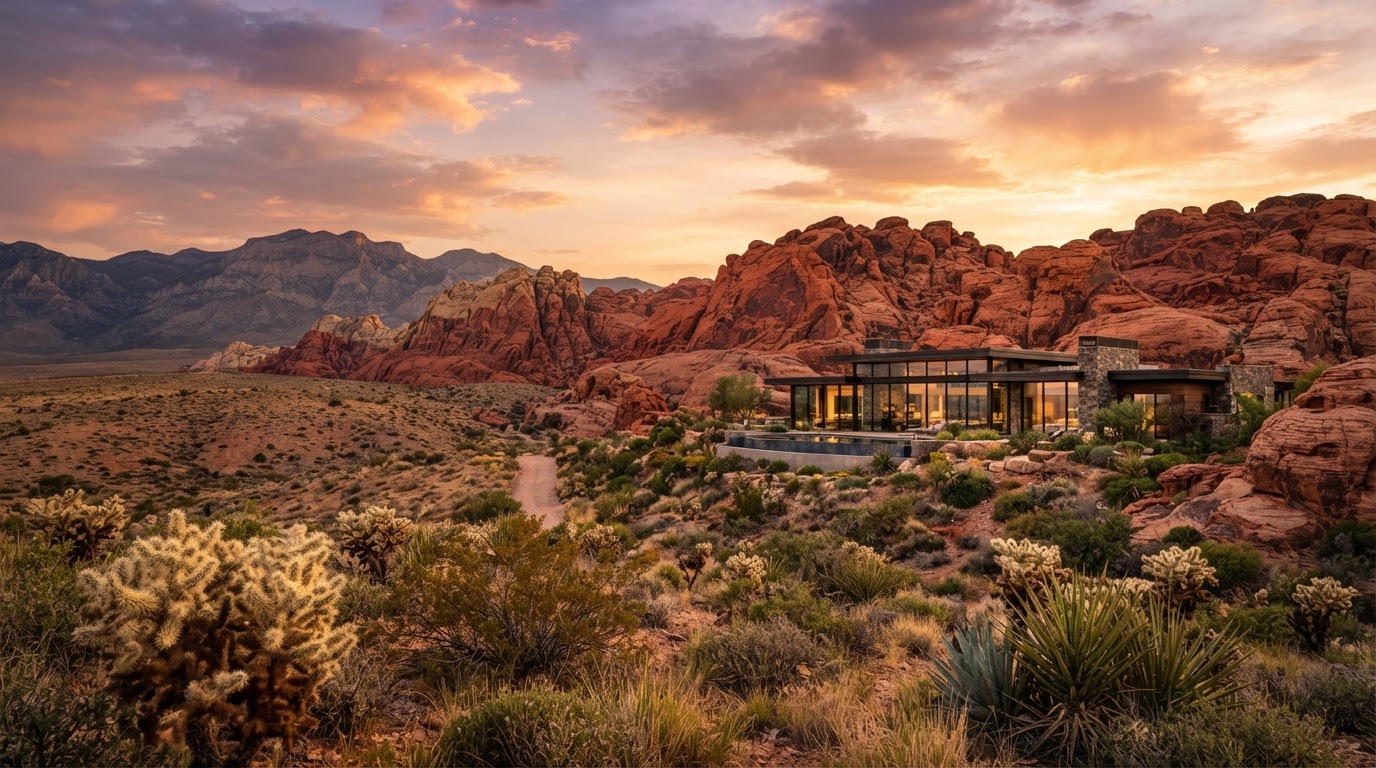 Southern Nevada desert landscape at golden hour with contemporary architecture
