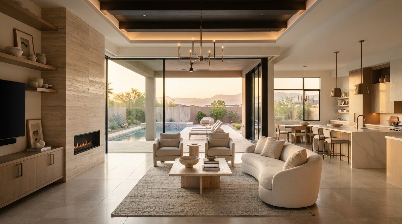 Luxury whole-home renovation opening through glass to a desert pool patio in Las Vegas