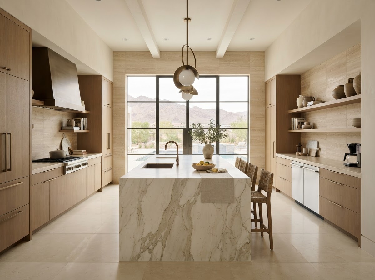 Luxury kitchen renovation with stone waterfall island and warm oak cabinetry in Las Vegas