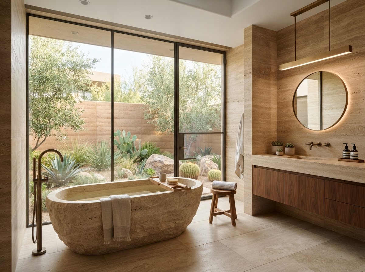 Spa-like luxury bathroom with travertine and stone