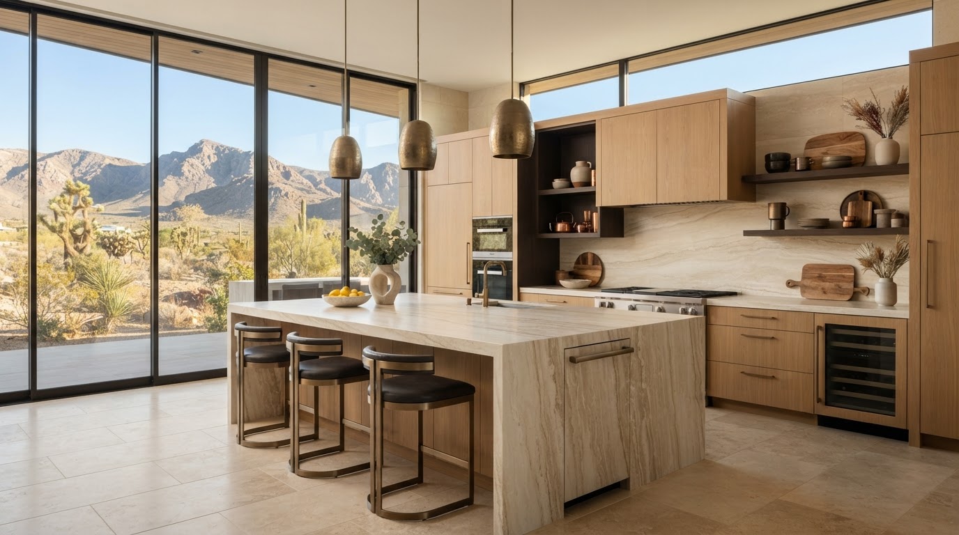 Luxury custom kitchen with stone island and warm oak cabinetry