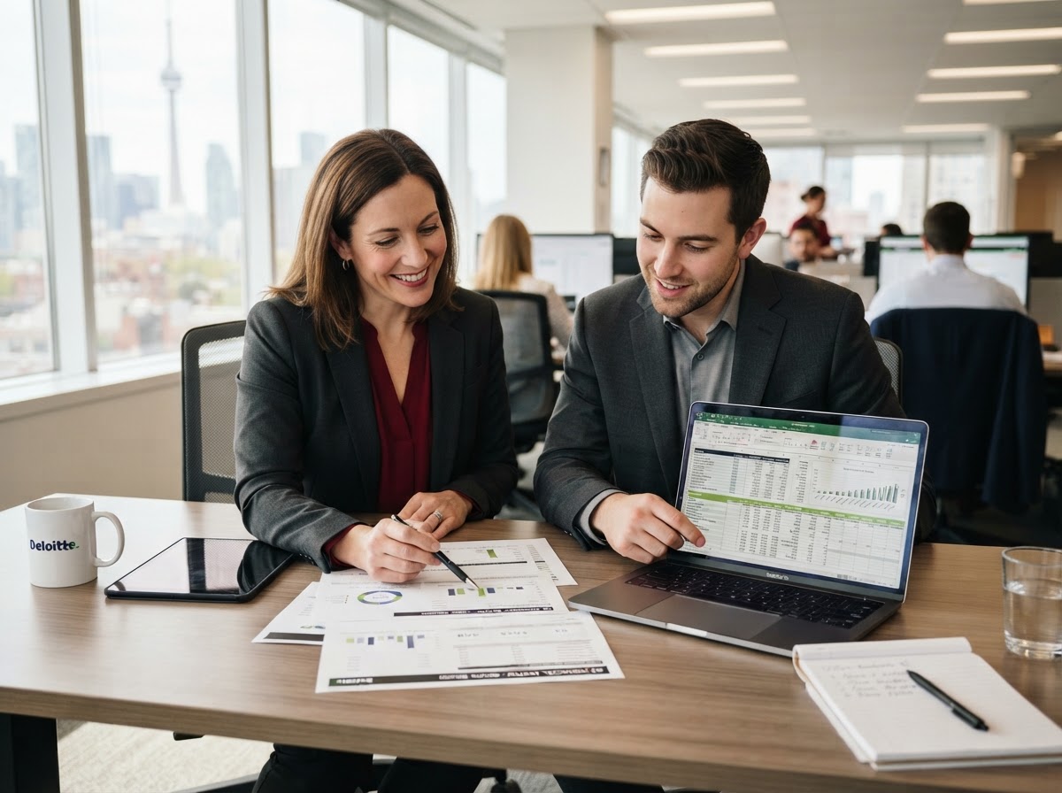 Two Synergy accountants reviewing financial reports together in an Ontario office
