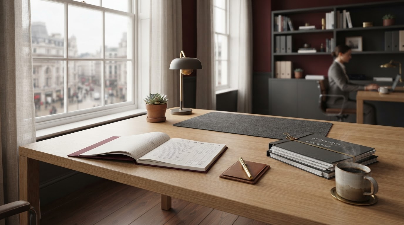 A clean accounting desk with a ledger, fountain pen, and financial statements