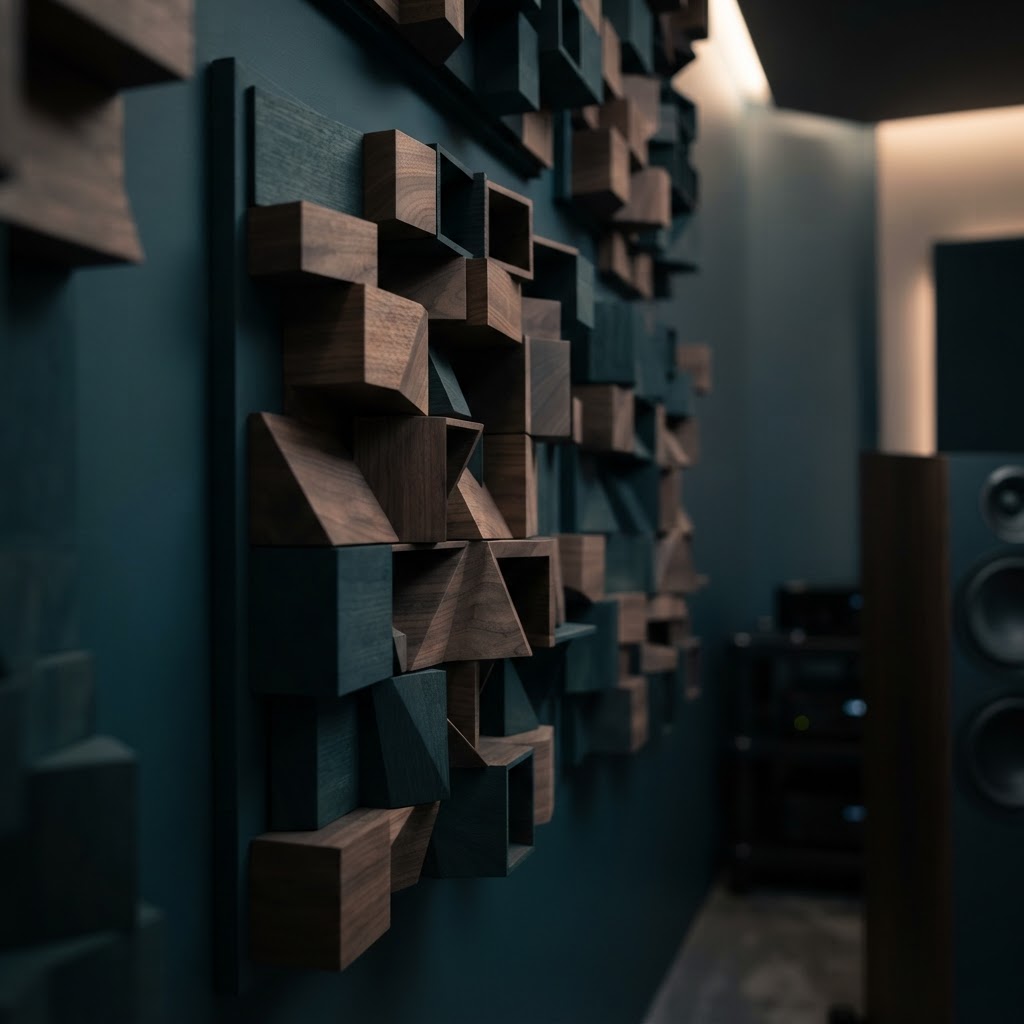 Close-up detail of architectural acoustic diffusion panels in an engineered space