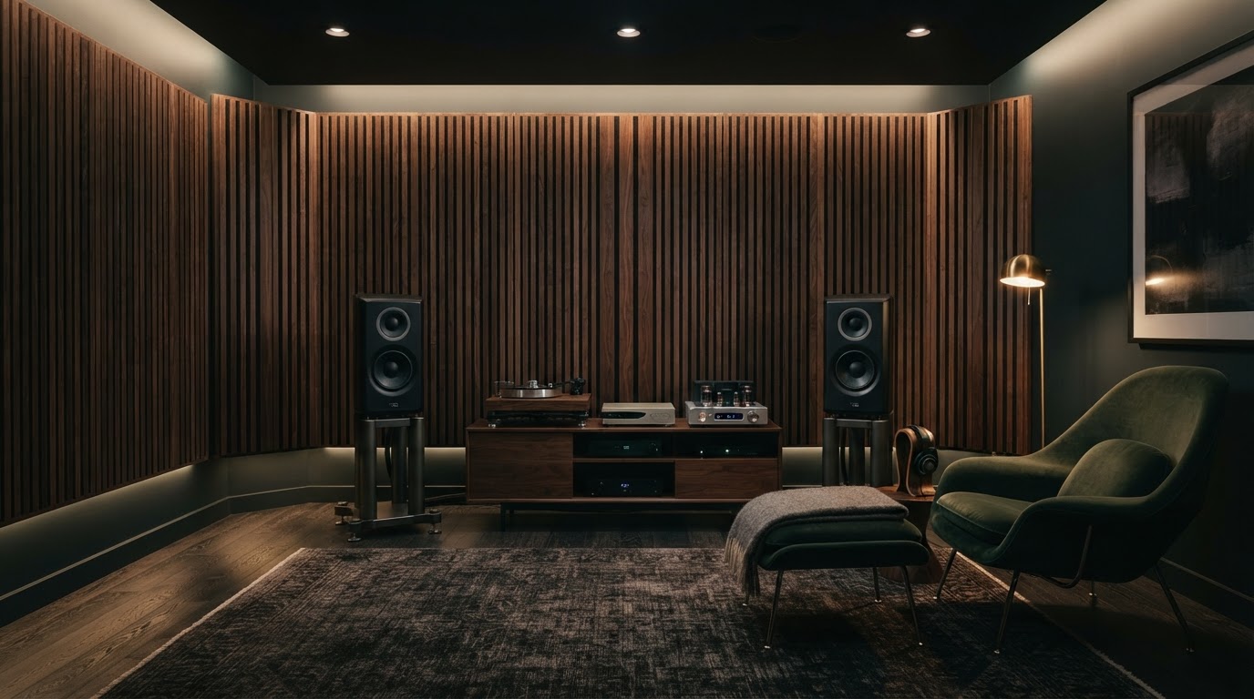 Acoustically tuned listening room with speaker placement and acoustic slat diffusers