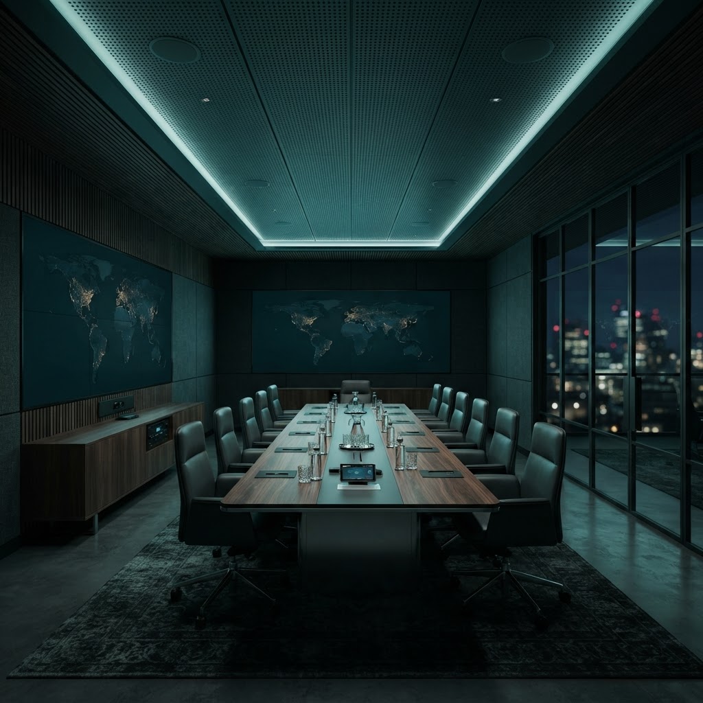 Minimalist executive conference acoustic space with integrated concealed AV