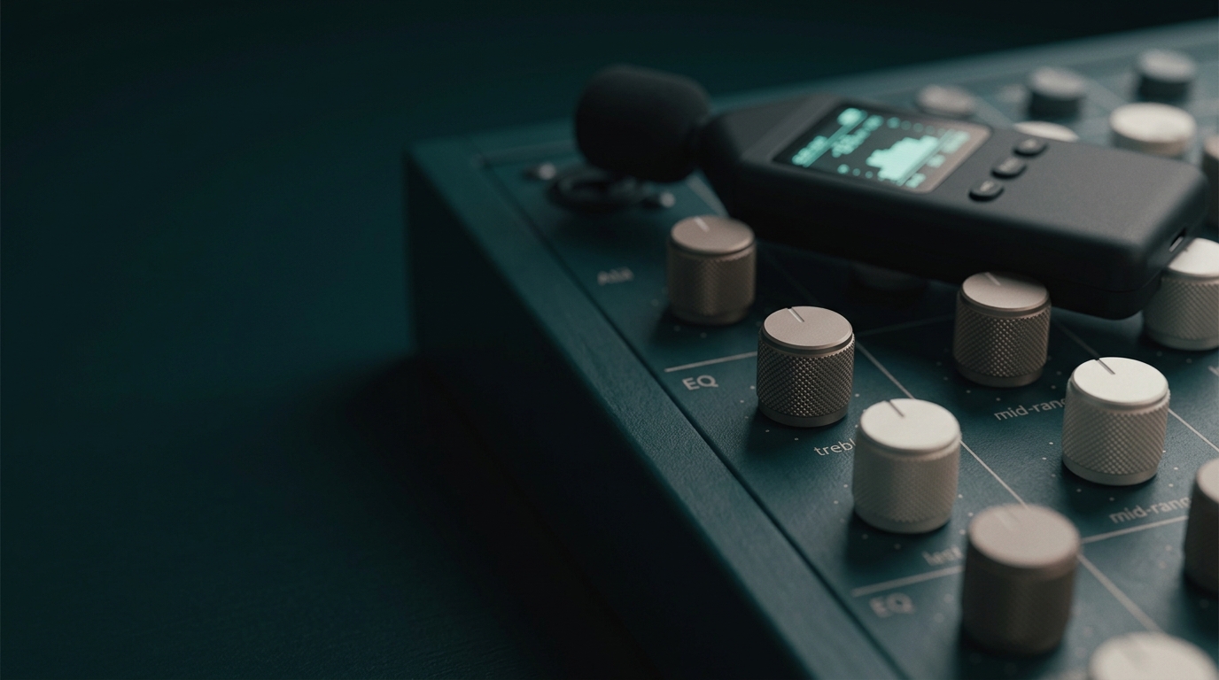 Acoustic spectrum analyzer resting across studio mixing console with tactile knobs