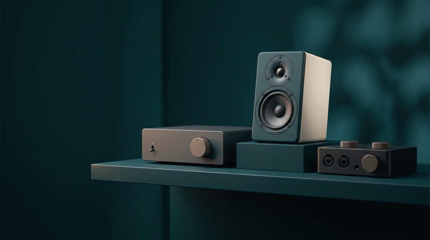 Curated studio audio equipment including bookshelf monitor and amplifier interface