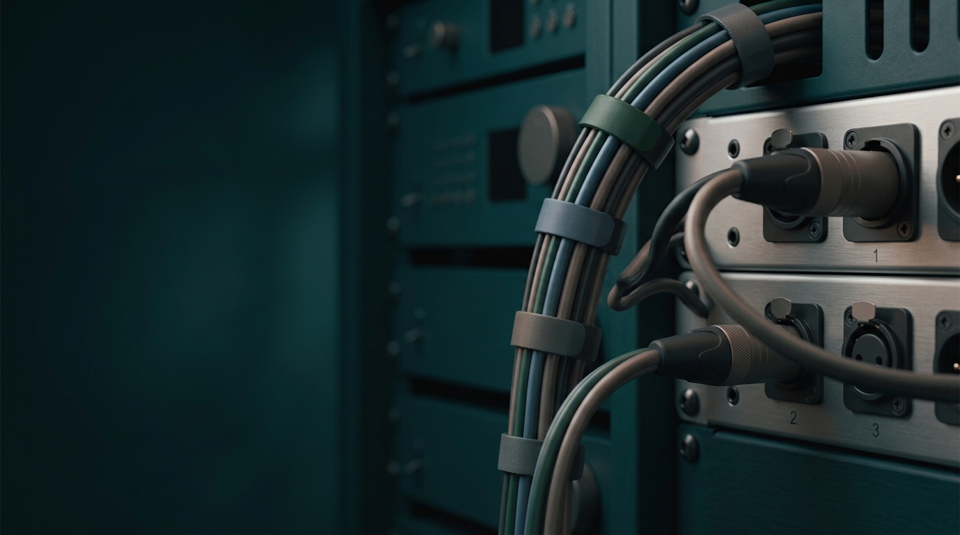 Meticulously organized audio rack cabling with balanced XLR connectors