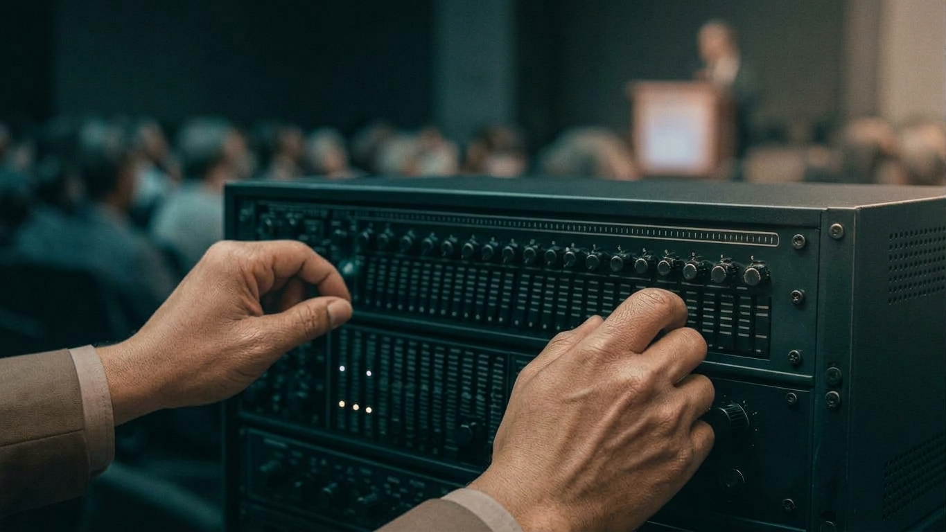 Sound engineer tuning audio processor and console in acoustic space