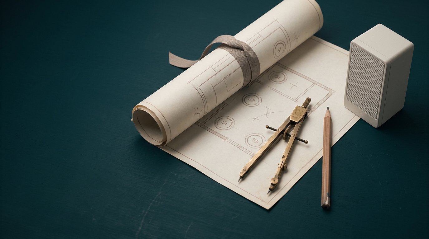 Architectural sound system design blueprint with compass and studio speaker