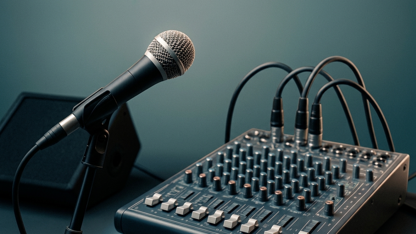 Studio microphone setup on stand beside console