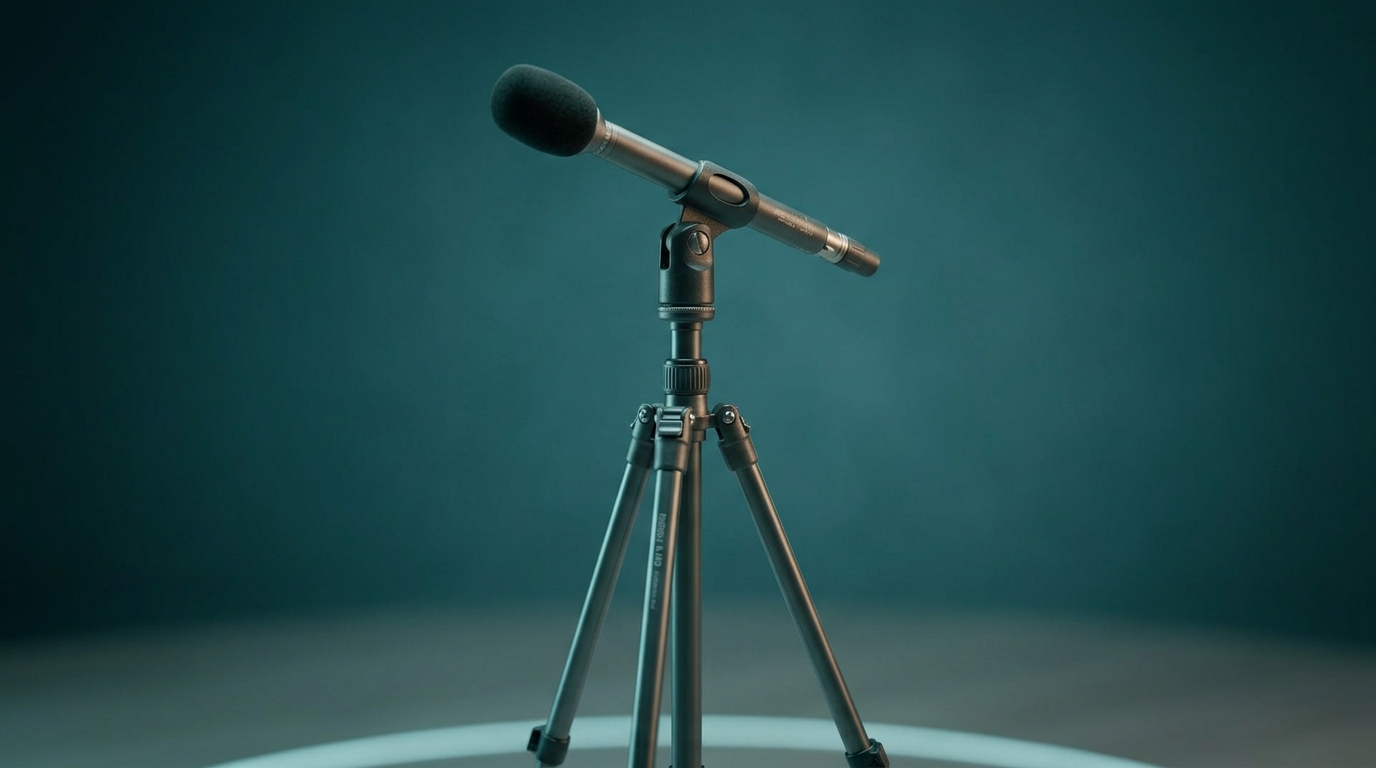 Precision acoustic measurement microphone on tripod stand in studio environment