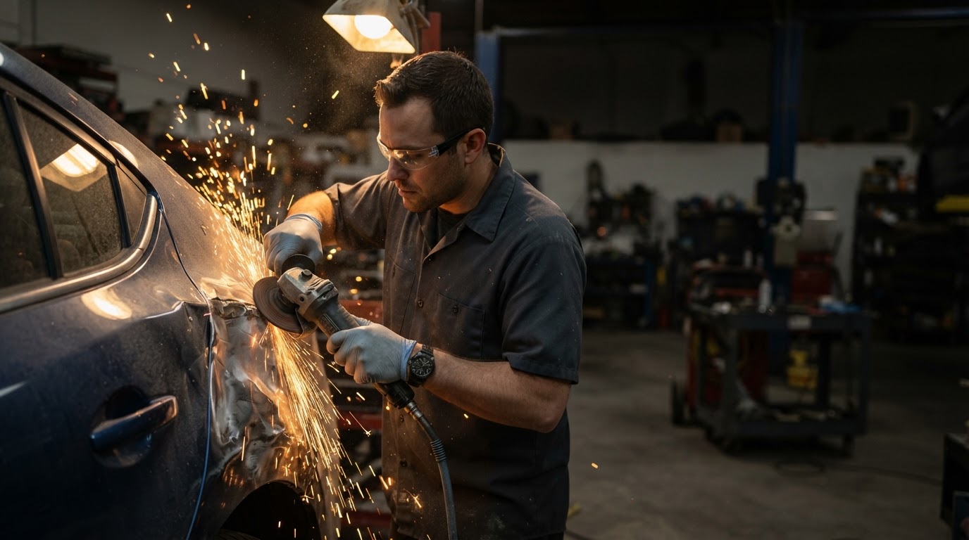 Collision repair in progress at Gurden's Body Shop in Cadillac, MI