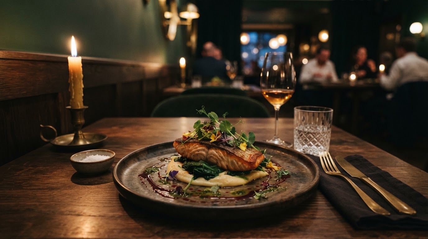 An intimate candlelit table set for fine dining at The Brass Fern
