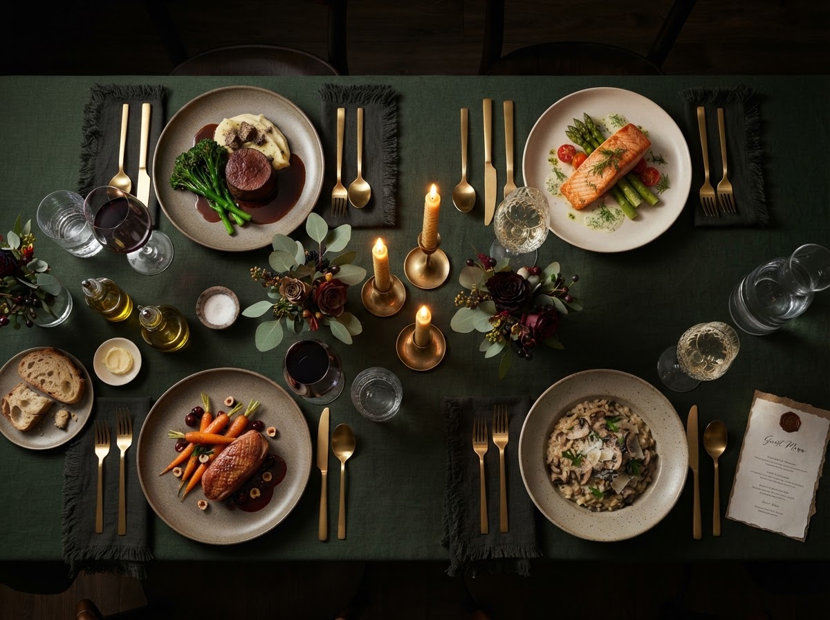 An overhead view of a fully laid restaurant table