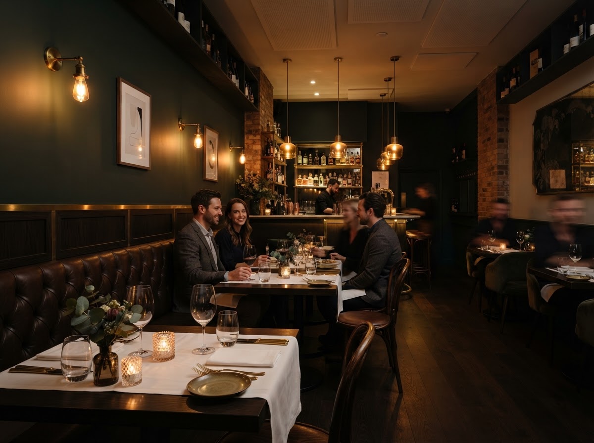The candlelit dining room with forest green walls and brass fixtures