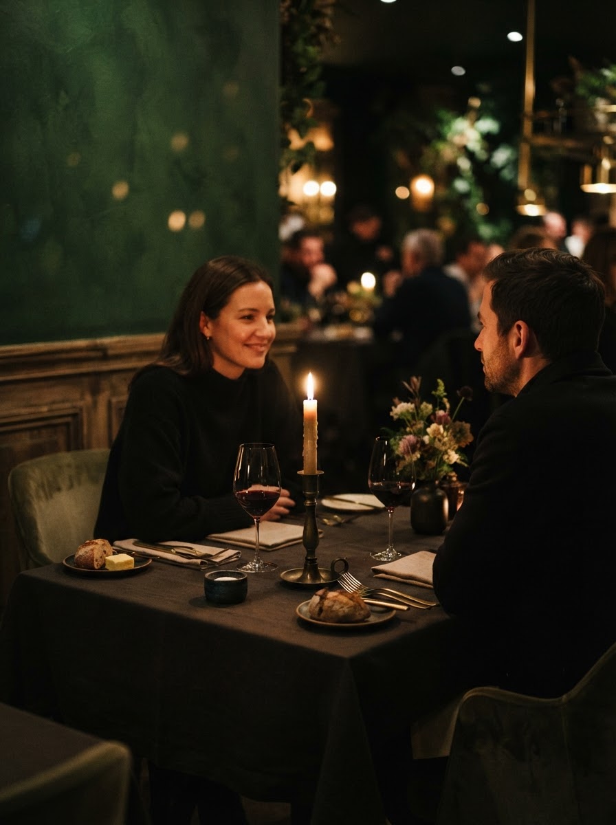 A candlelit dinner table for two