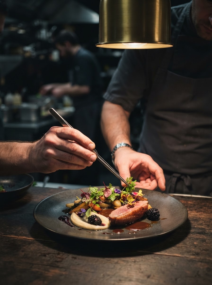 A chef plating a fine dining dish with tweezers