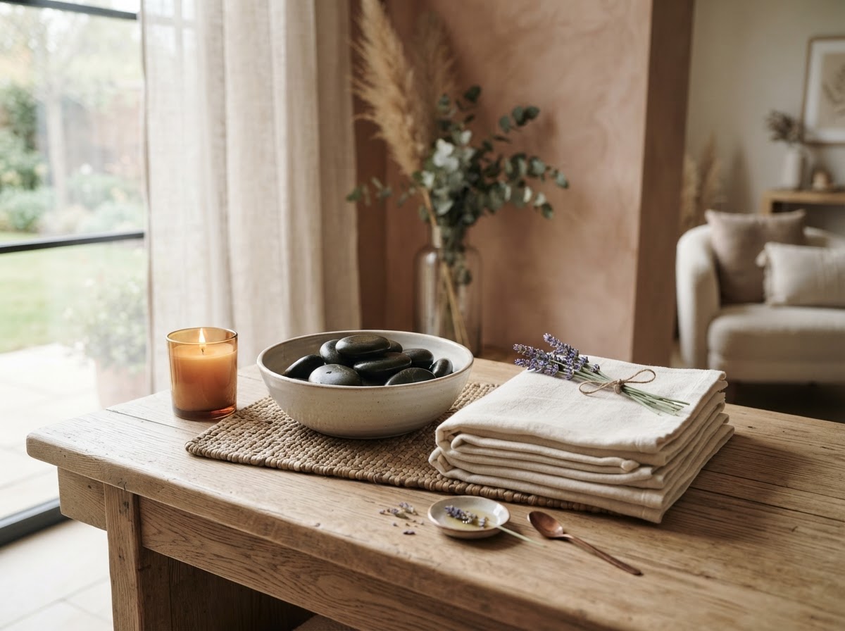 Restorative warm stone massage setup with smooth stones, linen towels, and lavender