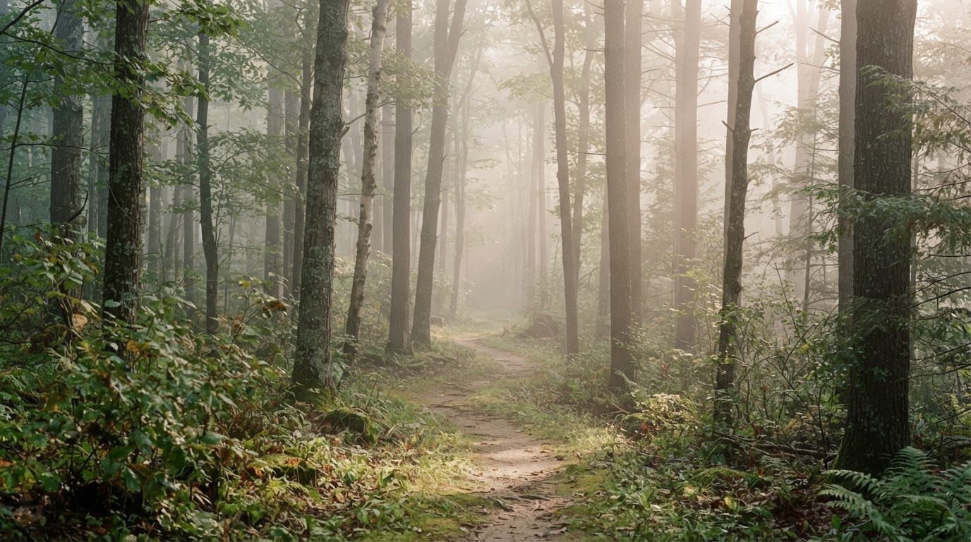 Misty dawn forest in the Litchfield Hills of Connecticut